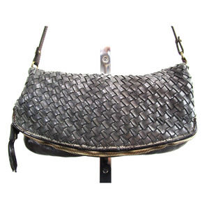 Reptile's House Italy Small Grayish Black Woven Leather Flap Crossbody Handbag